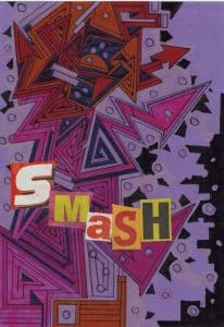 gezeichnetes Bild von geometrischen Formen und Linien mit ausgeschnittenen Buchstaben des Wortes Smash