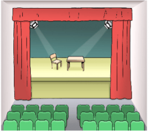 DE: Theatersaal, Stühle vor einer Bühne. Die Bühne hat einen roten Vorhang vorne// EN: Theatre room. Chairs infront of a stage. the stage has a red curtain