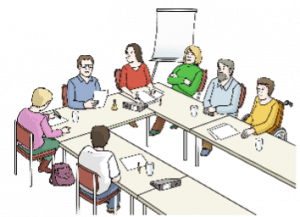 DE: Menschn sitzen rundum ein Tisch und sprechen miteinander// EN: people sitting around a table and are talking to each other