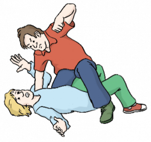 DE: zwei Menschen kämpfen am Boden miteinander//EN: two people are fighting on the floor against each other